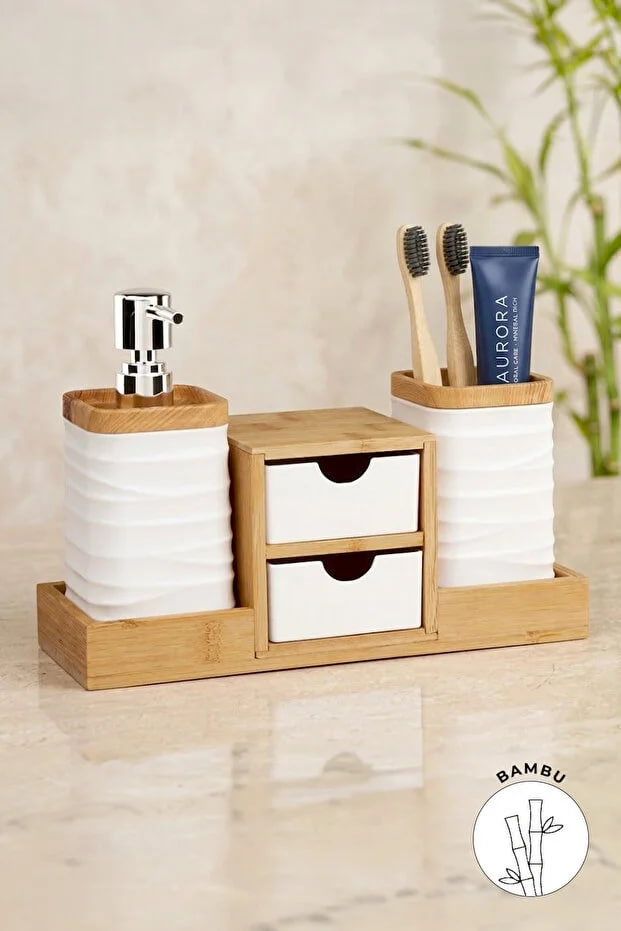 Kitchen Life White Bamboo Bathroom Organizer with Drawer, Liquid Soap Dispenser and Toothbrush Holder