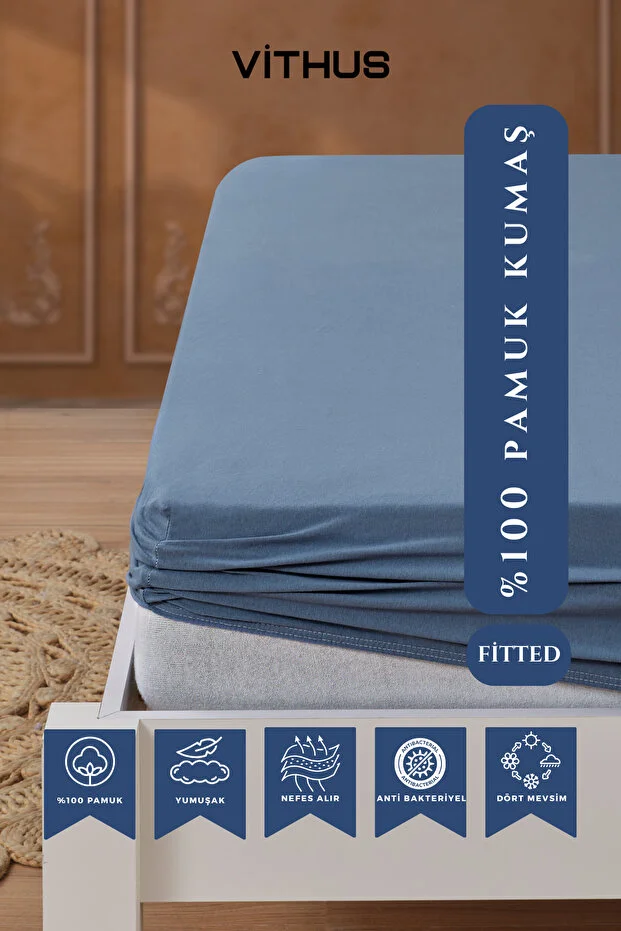 Vithus 100% Cotton Combed Elastic Fitted Sheet, Single, Double, and King Size Indigo Blue